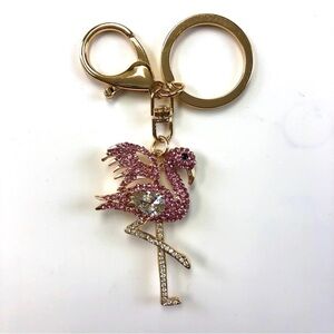 Pink flamingo crystal on gold keychain NEW